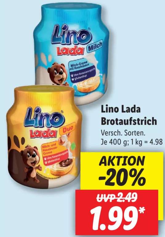 Lino Lada Milch- und Haselnuss-Creme Brotaufstrich 400g [Lidl]