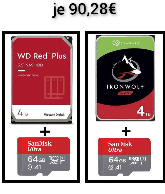 Seagate Ironwolf 4TB (ST4000VN008) oder WD Red Plus 4TB (WD40EFZX) mit 64GB Micro SDXC für je 90,28€ (beide CMR)