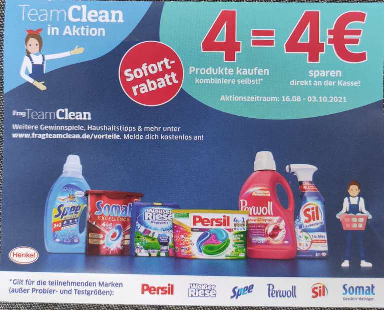 4 Produkte = 4 Euro Sofortrabatt Henkel Coupon auf Marken Persil, Spee, Weißer Riese, Perwoll, Sil und Somat Geschirr-Reiniger