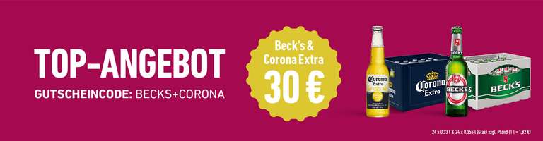 Bier im Angebot: Ein Kasten Corona Extra Lager 24x0,355l + Ein Kasten Beck's Pils 24x0,33l inklusive Lieferung für 30€ bei Flaschenpost