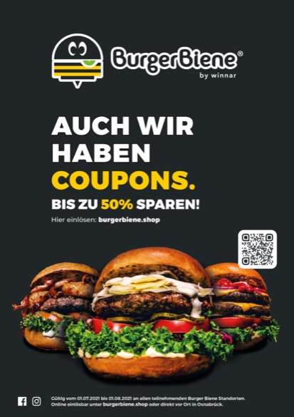 Burger Biene Coupons bis zu 50% (Osnabrück, Bad Iburg, Ibbenbüren, Telgte)
