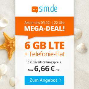 6GB LTE sim.de Tarif für mtl. 6,66€ mit Allnet-Flat, VoLTE & WLAN Call im Telefonica-Netz (mtl. kündbar)