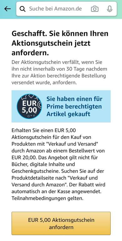 [Personalisiert] 5 € Amazon Aktionsguthaben bei 20€ Bestellwert