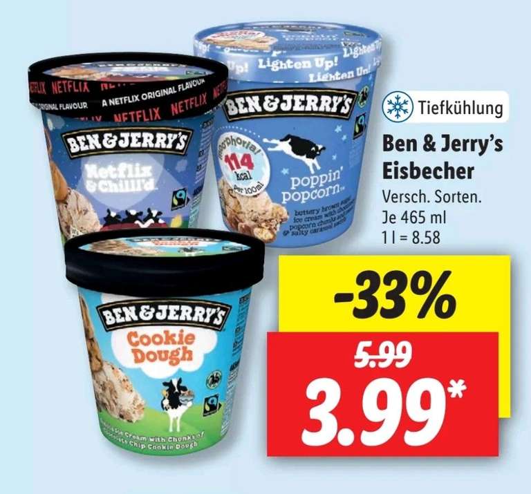 Ben & Jerry's Eiscreme verschiedene Sorten für 3,99€ bei Lidl
