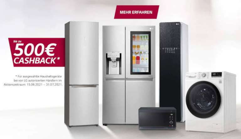 [Cashback] LG Luckydeals bis zu 500€ Cashback auf ausgewählte Kühlschränke | Waschmaschinen | Wäschetrockner | Mikrowellen