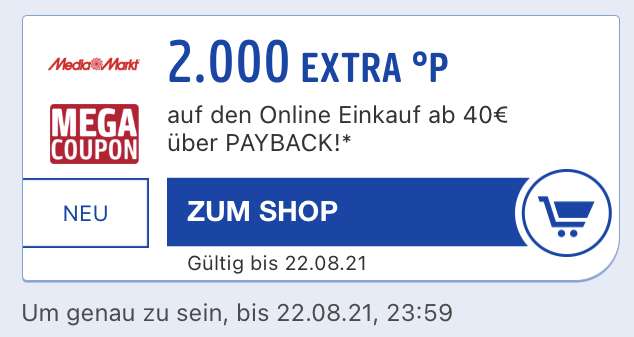 Mediamarkt 2000 Extra Payback Punkte [Personalisiert] ab einem Einkauf von 40€ über Payback