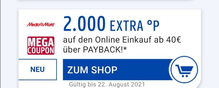 Mega Coupons - 2.000 extra Punkte ab 40€ MBW bei Lieferando & Otto & Media Markt & Tchibo [Payback - personalisiert]