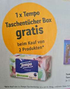 1x GRATIS Tempo Taschentücher Box (Wert 1,69€) beim Kauf von 2x Tempo Taschentücher und/oder Zewa Toilettenpapier ab 02.08 Rewe