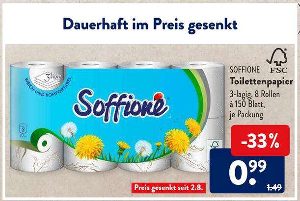 [Aldi Süd] Soffione Toilettenpapier / Klopapier 8 Rollen je 150 Blatt (3-lagig) nur 0,99€ Packung