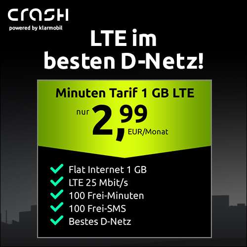 [Telekom-Netz] 1GB LTE Crash Tarif für mtl. 2,99€ mit 100 Freiminuten & SMS, VoLTE, WLAN Call und bei 25 Mbit/s