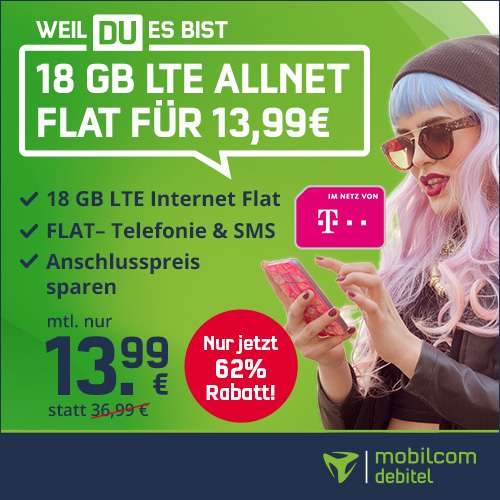 [Telekom-Netz] 18GB green LTE Tarif von mobilcom-debitel für 13,99€ / Monat mit VoLTE, WLAN Call, Allnet- & SMS-Flat