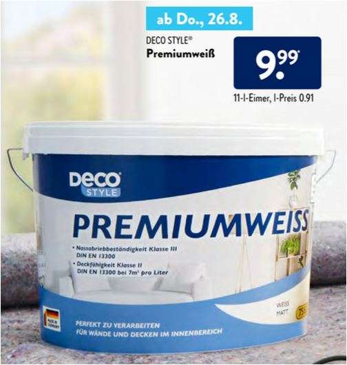 Deco Style Premiumweiss Wandfarbe 11 Liter für 9,99 Euro [ALDI Süd]
