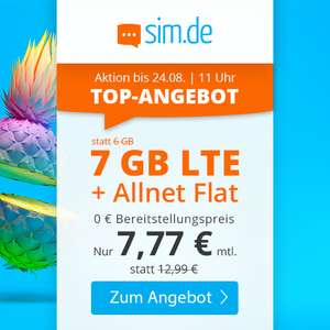 7GB LTE sim.de Tarif für mtl. 7,77€ inkl. Allnet- & SMS-Flat, VoLTE & WLAN Call (3 Monate Kündigungsfrist; Telefonica-Netz)