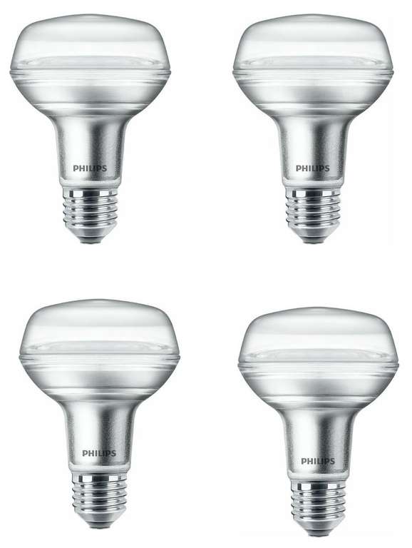 4x Philips LED Reflektor E27 (4W = 60W, 345lm, R80, 2700K warmweiß, CRI 80)