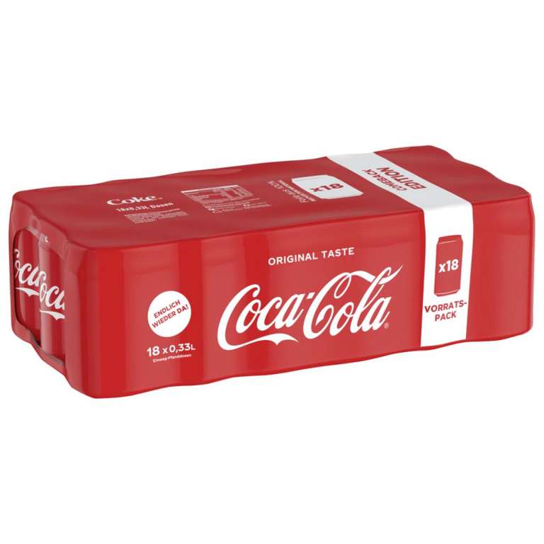 Penny: 18 Dosen Coca-Cola , jede Dose mit 330ml Inhalt, Pfand in Höhe von 4,50 € fällt an, Literpreis 1,01 €
