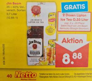 Jim Beam 0,7 l 35-40% verschiedene Sorten + Gratis 2 Dosen Lipton Ice Tea 0,33 ml nur am 04.09 Netto MD