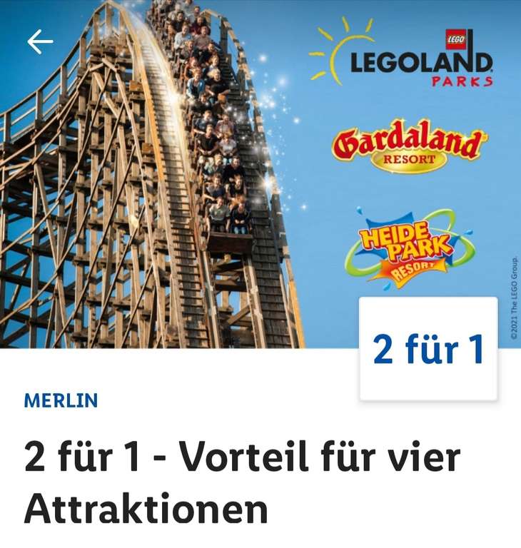 (Lidl Plus) 2 Tickets zum Preis von 1 * LEGOLAND Deutschland & Billund * Heide Park & Gardaland