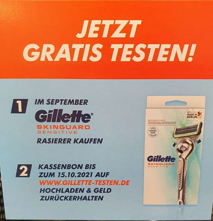 Jetzt GRATIS testen 100% Cashback auf Gillette Rasierer Skinguard (GzG)