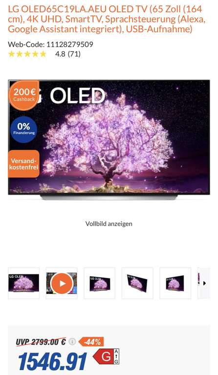 LG 65 C1 OLED TV abzüglich Cashback für effektiv 1.346,91 Euro (OLED65C19LA.AEU)