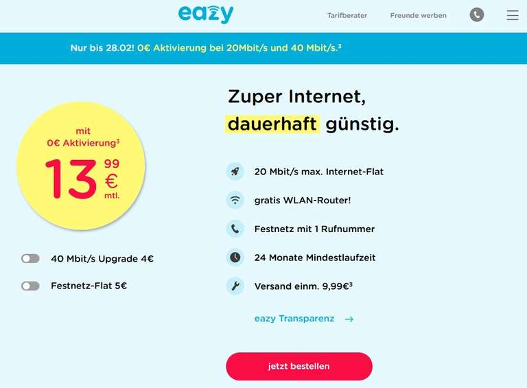 Kabel-Internet: Eazy20 mit 50€ Amazongutschein für effektiv 14,41€/Monat - und kombinierbar mit KWK-Aktion!