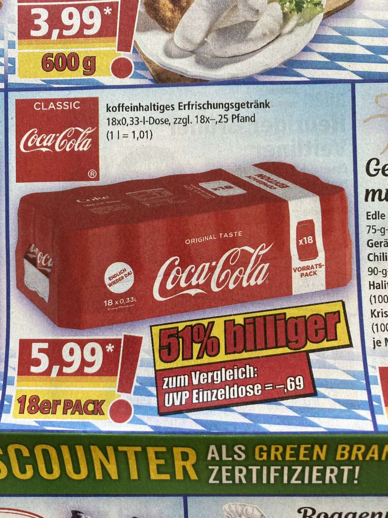 [Norma] Coca Cola Vorratspack, 18x 0,33l Dose zzgl. Pfand
