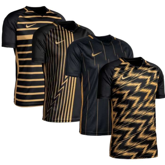 Nike ClubZone Trikotsets Sonderedition in schwarz / gold: Trikot (4 versch. Design) + Shorts + Stutzen (Gr. S - XXL; 30 - 50)