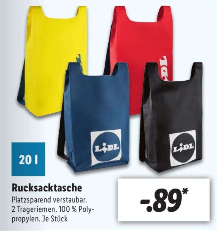 Lidl Rucksacktasche 20 Liter faltbar in Gelb, Blau, Rot und Schwarz für je 0,89€