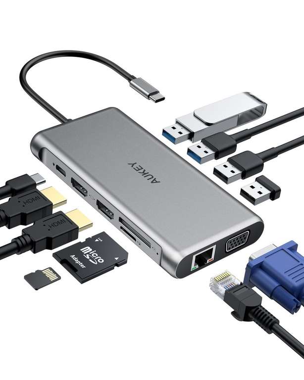 AUKEY CB-C78 12 in 1 USB C Hub with Gigabit Ethernet, Dual 4K HDMI, VGA Silver