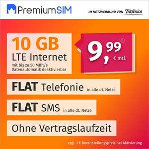 PremiumSIM Handyvertrag LTE XL 10 GB 9,99€ Flat Telefon/SMS, EU, 3 Monate Kündigungsfrist