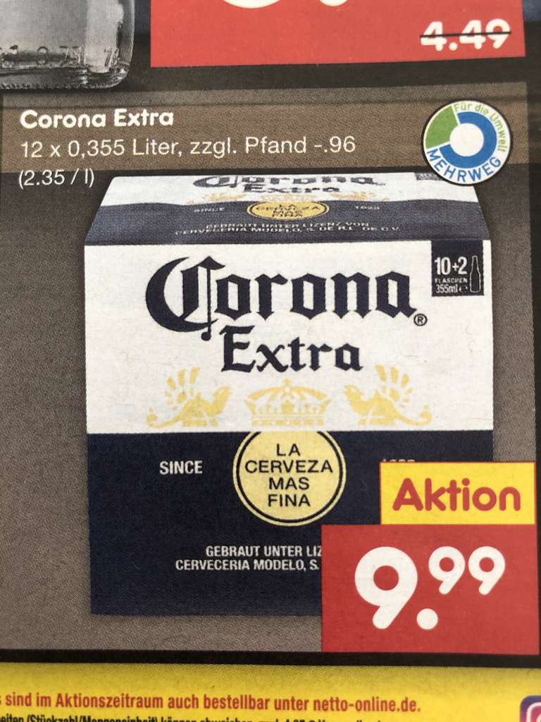 Netto Marken-Discount - 12er Pack Corona für 9,99€ - bzw. 8€ kombinierbar mit 20% Kleberabatt für einen Getränkeartikel