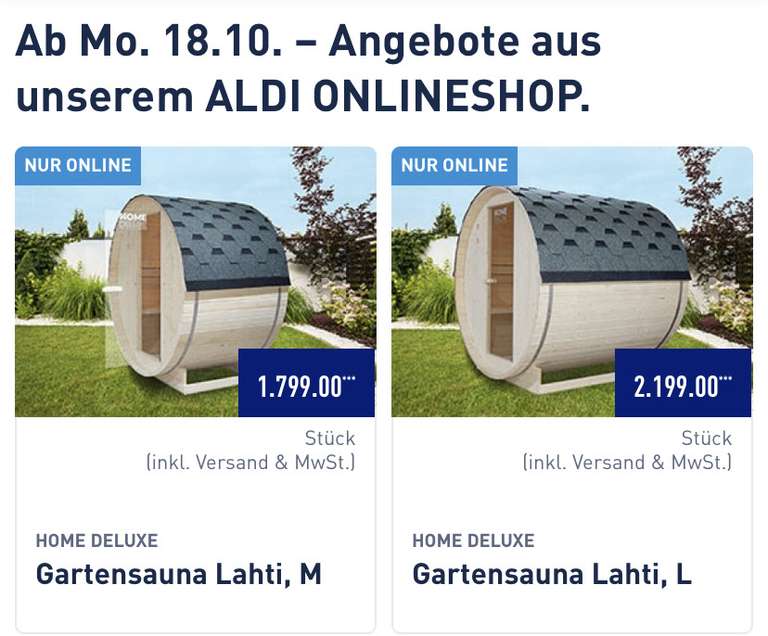 Fasssauna Home Deluxe Lathi M(1799€)/L(2199€) im Aldi Onlineshop
