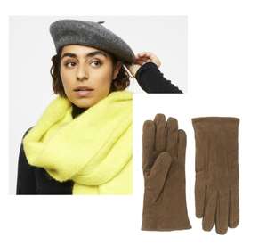 Damen-Barett Wollmischung grau + Wildleder-Handschuhe Gr. S-M
