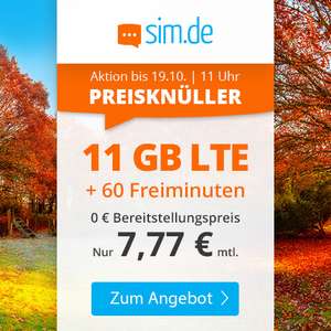 Drillisch KW41 Angebote: 11 GB LTE sim.de Tarif + 60 Freiminuten für mtl. 7,77€ (Telefonica-Netz, ohne Vertragslaufzeit, VoLTE, WLAN Call)