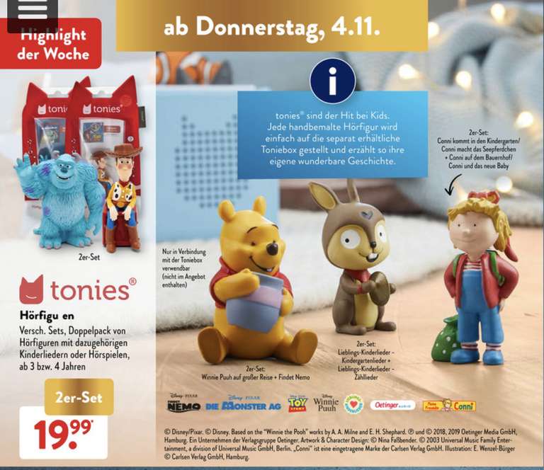 Tonies 2er Set Figuren (z.B. Conni, Winnie Puuh, Nemo, Toy Story) für 19,99€ (Aldi Süd) bzw. 22,99€ (Aldi Nord)