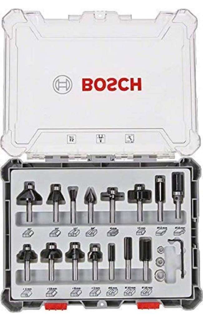 Bosch Professional 15tlg. Fräser Set für Holz, Zubehör für Oberfräsen mit 8 mm Schaft (Prime)