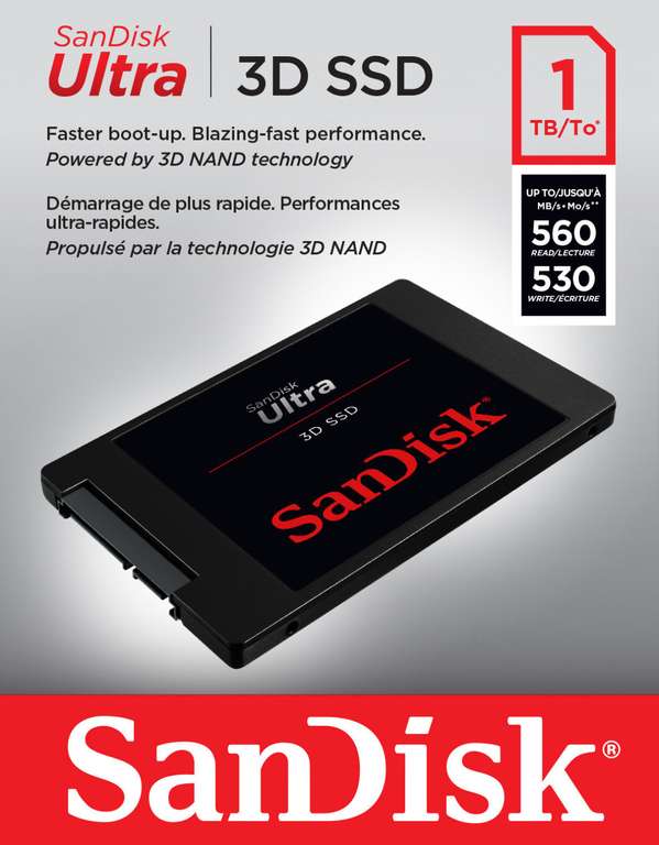 SanDisk Ultra 3D SSD 1TB (2.5", SATA, 3D-NAND TLC, 560MB/s Lesen & 530MB/s Schreiben, 400 TBW, 5J Garantie)
