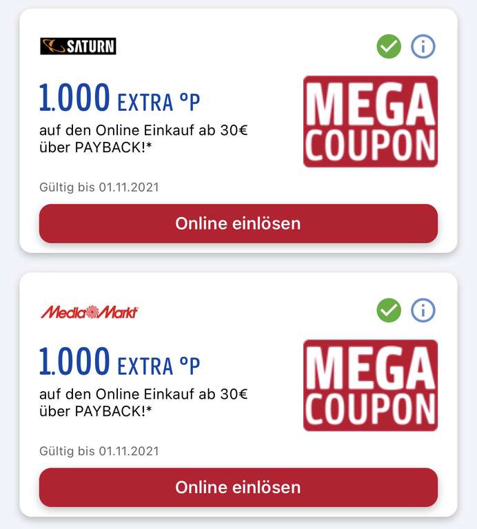 [Payback, personalisiert] 1000 Punkte (10€) bei MediaMarkt und Saturn (30€ Mbw.)