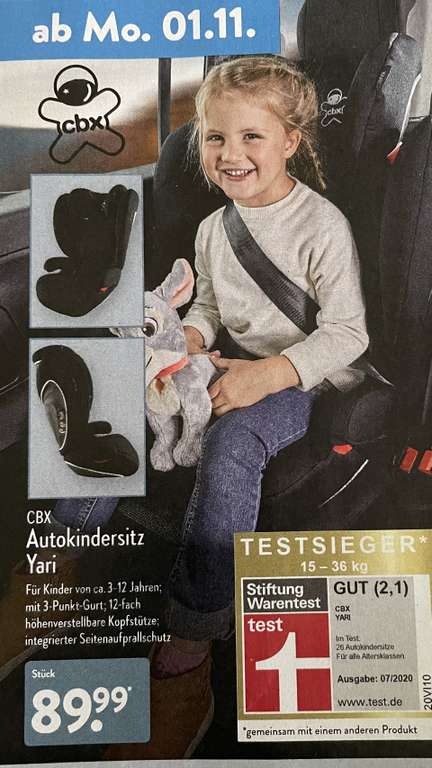 [ALDI Nord] Auto-Kindersitz CBX Yari (15 - 36kg); Stiftung Warentest Testsieger