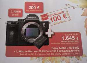 Sony Alpha 7 III Body + 2. Akku + 100€ Gutschein (Sony Cashback eingerechnet) [Lokal München] Sauter