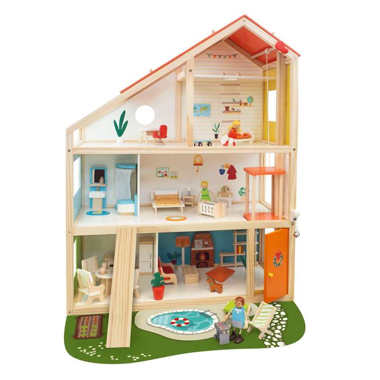 [ALDI NORD/SÜD] Puppenhaus XXL aus Holz von Playland mit 50 Teilen, inklusive Rutsche, Pool und Aufzug + 4-köpfiger Familie mit Hund