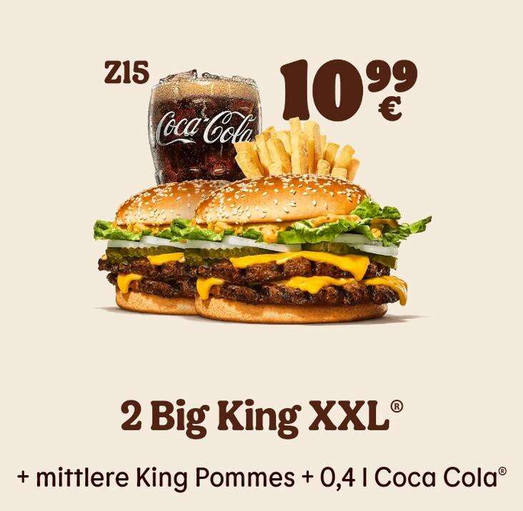 [BK] Big King XXL Menü inkl. 2x Big King XXL, mittlerer Pommes und 0,4l Coke für 10,99€ + 2,50€ Cashback