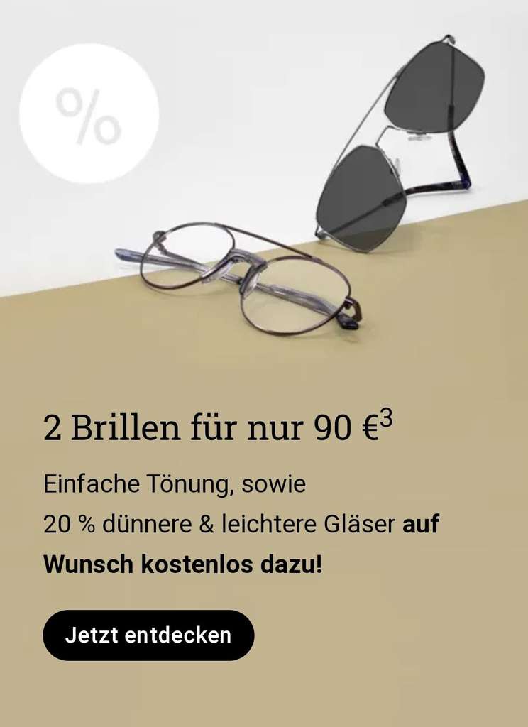 Brille24.de: 2 Brillen für 90 € / 3 Brillen für 120 € inkl. Tönung und leichteren Gläsern