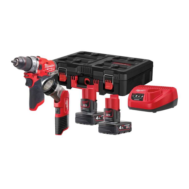 Milwaukee M12 FPP2AW-402P Powerpack M12FPD Schlagbohrmaschine + M12 TLED LED Leuchte 12V 4.0Ah