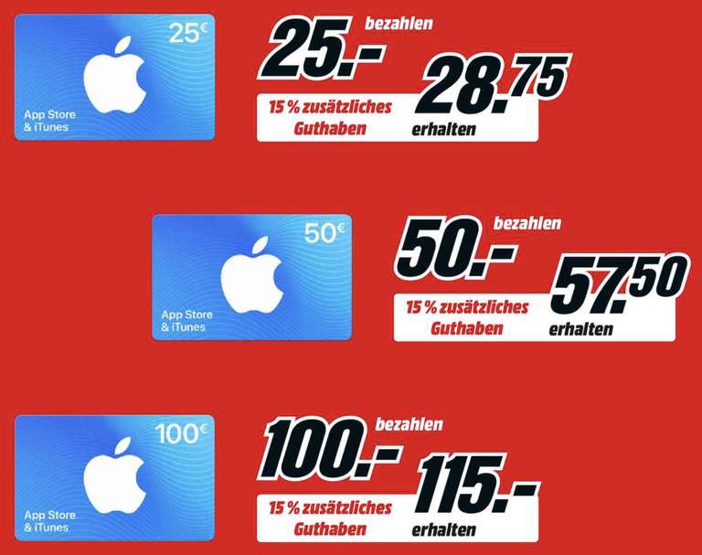 Media Markt: 15% Bonus-Guthaben auf App-Store & iTunes Geschenkkarten ab 25€