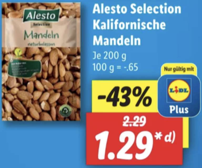 [Lidl Plus] Alesto Selection Kalifornische Mandeln naturbelassen 200g für 1,29€