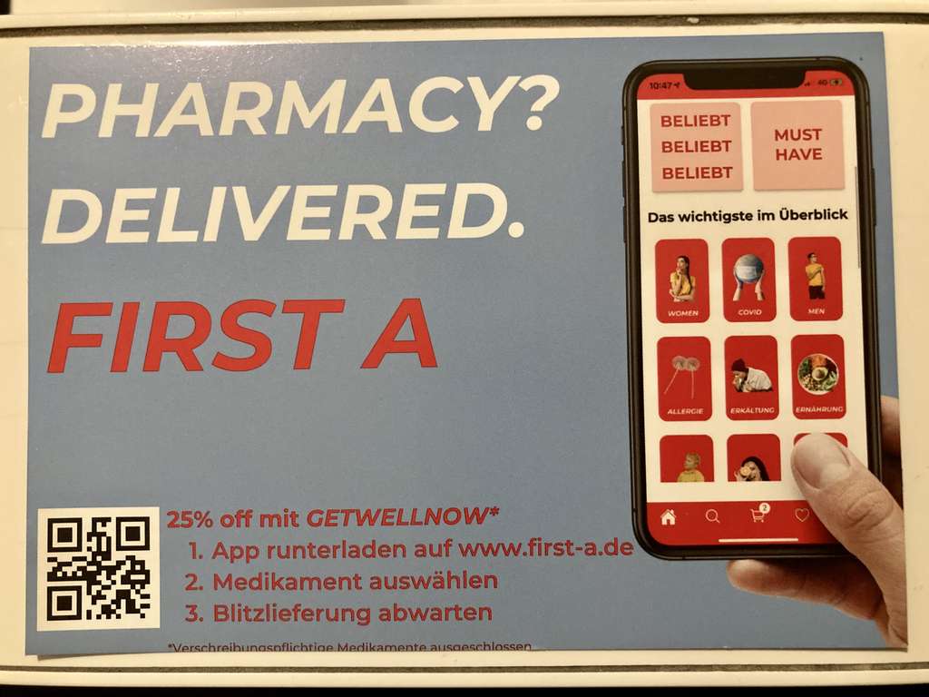25% Rabatt auf Medikamente bei "First A" - in 30 Minuten wie Gorillas oder Flink (lokal Berlin, Köln, München, jeweils Innenstadt)