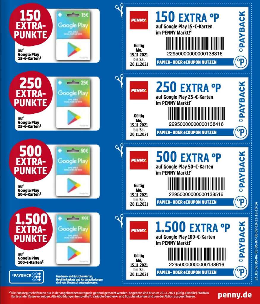 Bis 1500 Payback Punkte für Google Play Karten im Penny-Markt vom 15.-20.11.2021