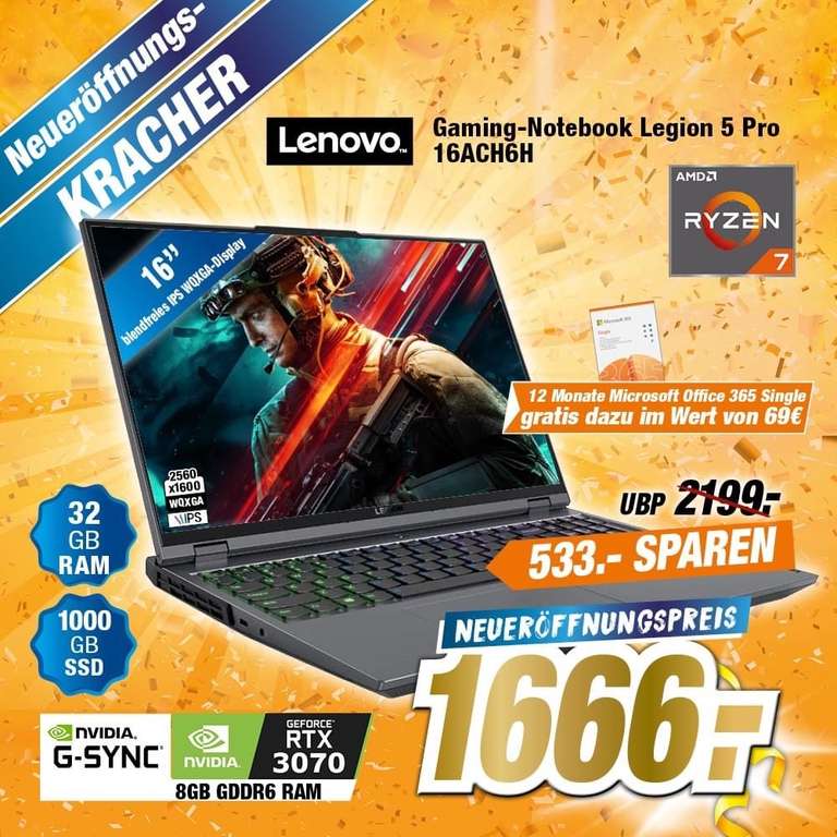 (Lokal)Lenovo Legion 5 Pro 16ACH6H Gaming-Notebook inkl Mircosoft Office 365 Single zum Neueröffnung Expert Heinsberg