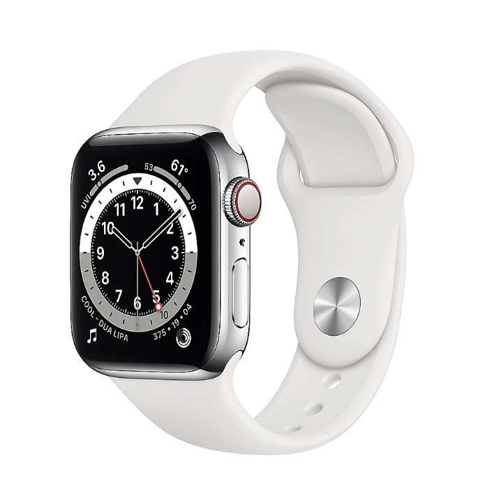 Apple Watch 6 (Cellular + GPS, 40 mm) Edelstahlgehäuse Silber, Sportarmband Weiß