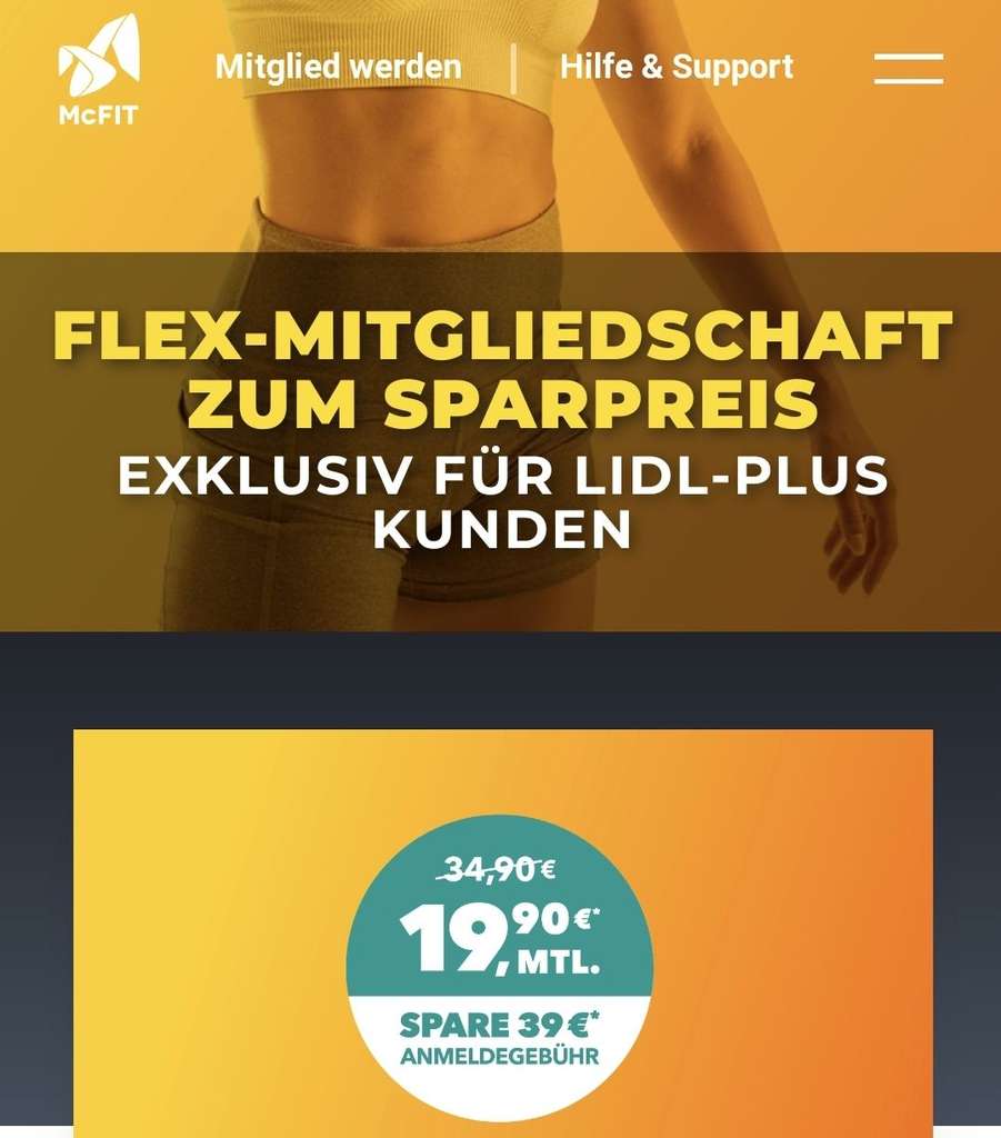 McFit Flex-Tarif für 19,90€ statt 34,90€ und ohne Anmeldegebühr für LIDL-Plus-Kunden
